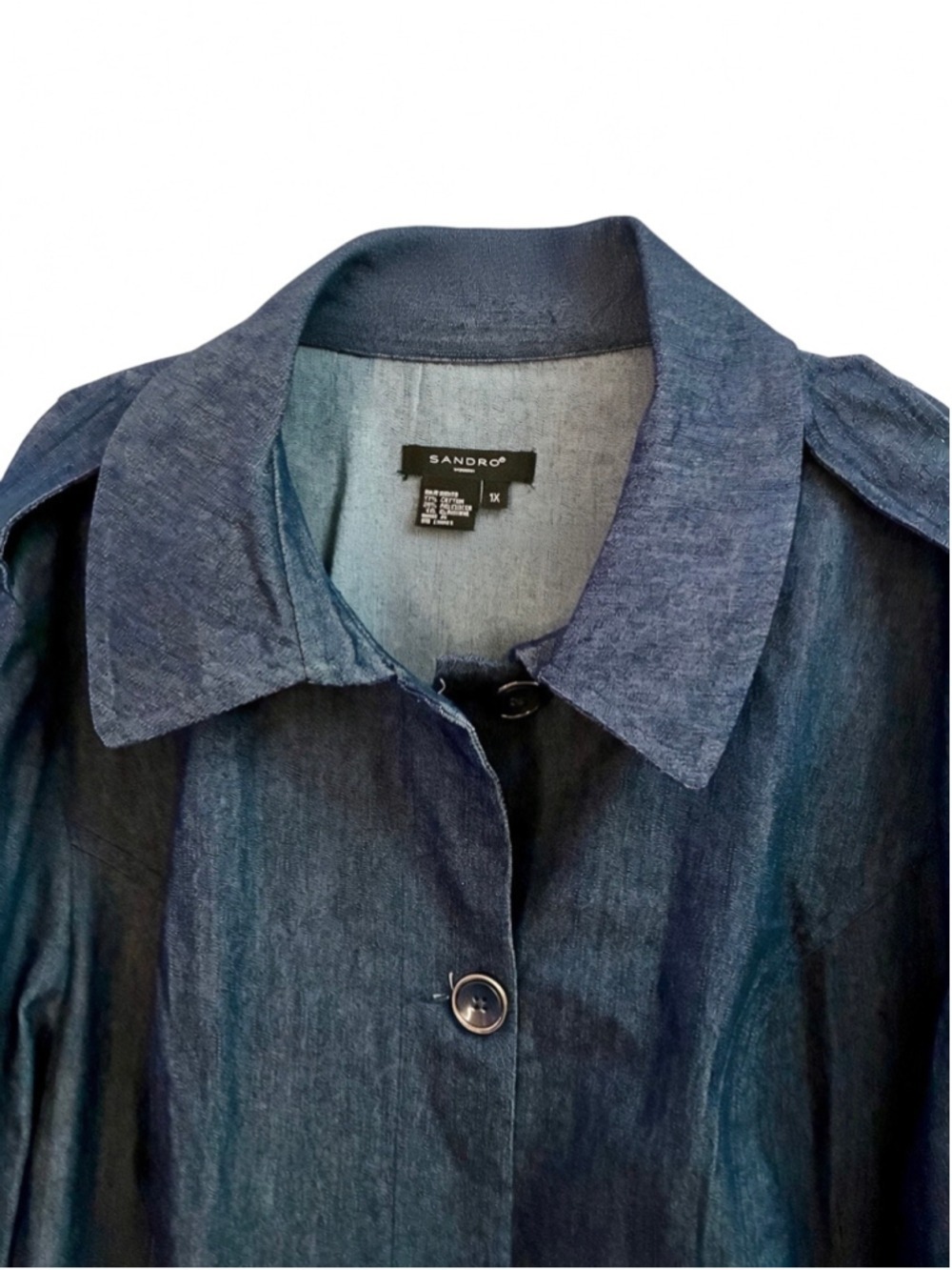 Sandro Woman Blue Denim Trench Coat Button Front Epaulets Plus Size 1X - Picture 5 of 11